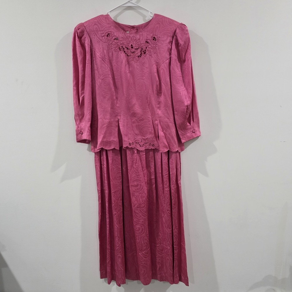 Vintage Nancy Johnson Womens Silk Blouson Dress Size 12 Pink Paisley Midi Floral